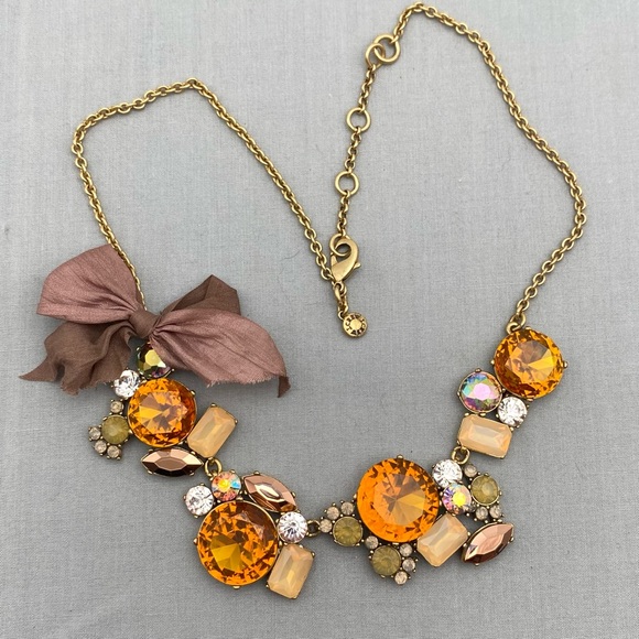 J. Crew Amber & Clear Crystal Cluster Necklace With Brown Bow Accent - Picture 4 of 12